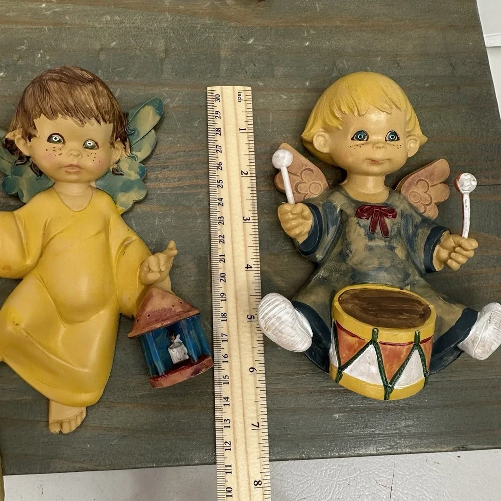 Vintage Fontanini Angel Cherub Set Of 3 Wall Plaque Drummer Baby Italy Resin